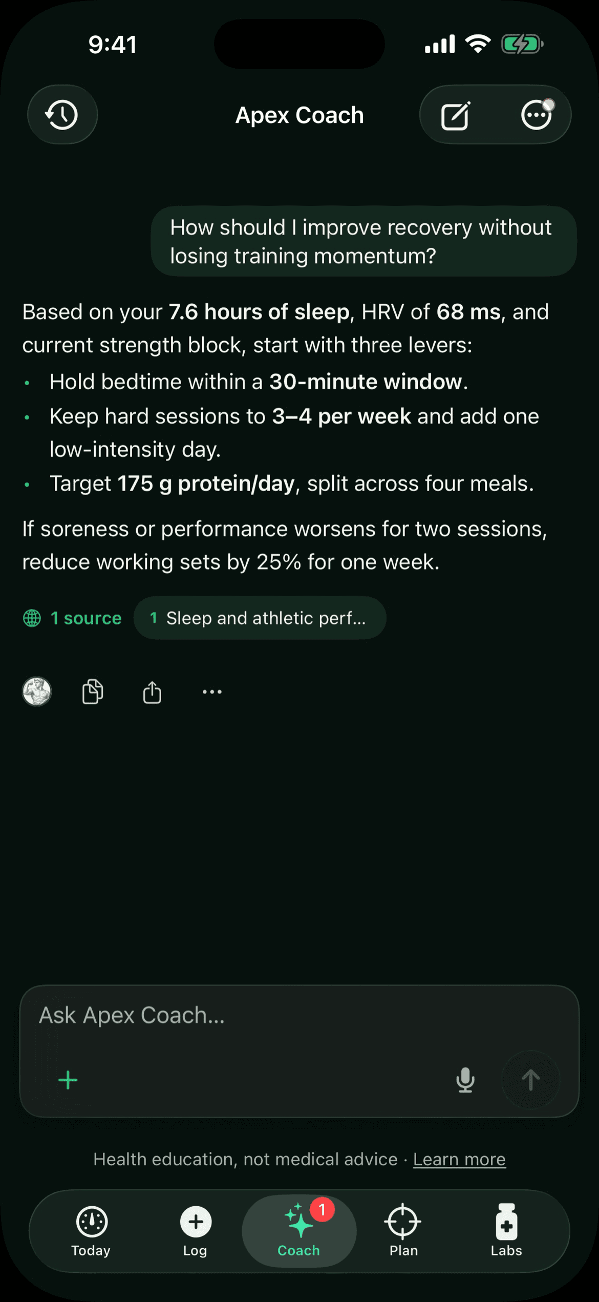 Apex Coach asked how to improve recovery without losing training momentum, answering with three specific changes drawn from the member's own 7.6 hours of sleep and 68 ms HRV, and a cited source under the reply.